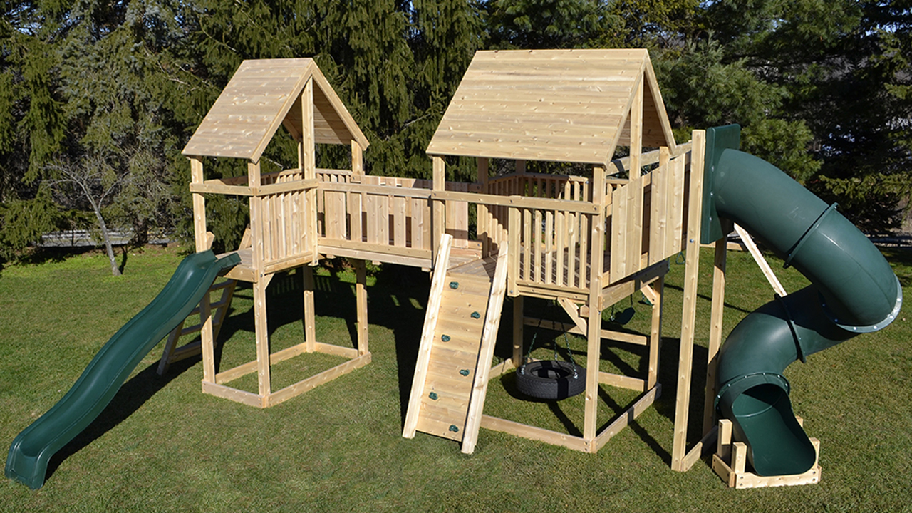 Wooden double 2025 swing set